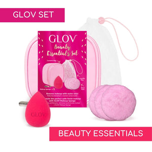 το glov beauty essentials set περιλαμβάνει ένα γυαλιστερό τσαντάκι που περιέχει 3 glov moon pads - επαναχρησιμοποιούμενα pads καθαρισμού προσώπου - 1 σφουγγαράκι για τέλειο Blending του μακιγιάζ και 1 laundry bag για να πλένεις τα glov χωρίς να τα καταστρέφεις