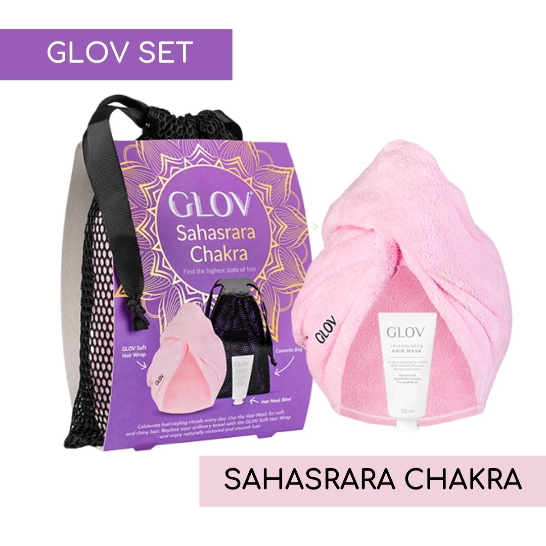 το glov sahasrara chakra set περιλαμβανει 1 fluffy glov hair wrap σε ρος απ΄ποχρωση και μια μάσκα μαλλιών travel size 30ml ιδανική για κάθε τύπο μαλλιων
