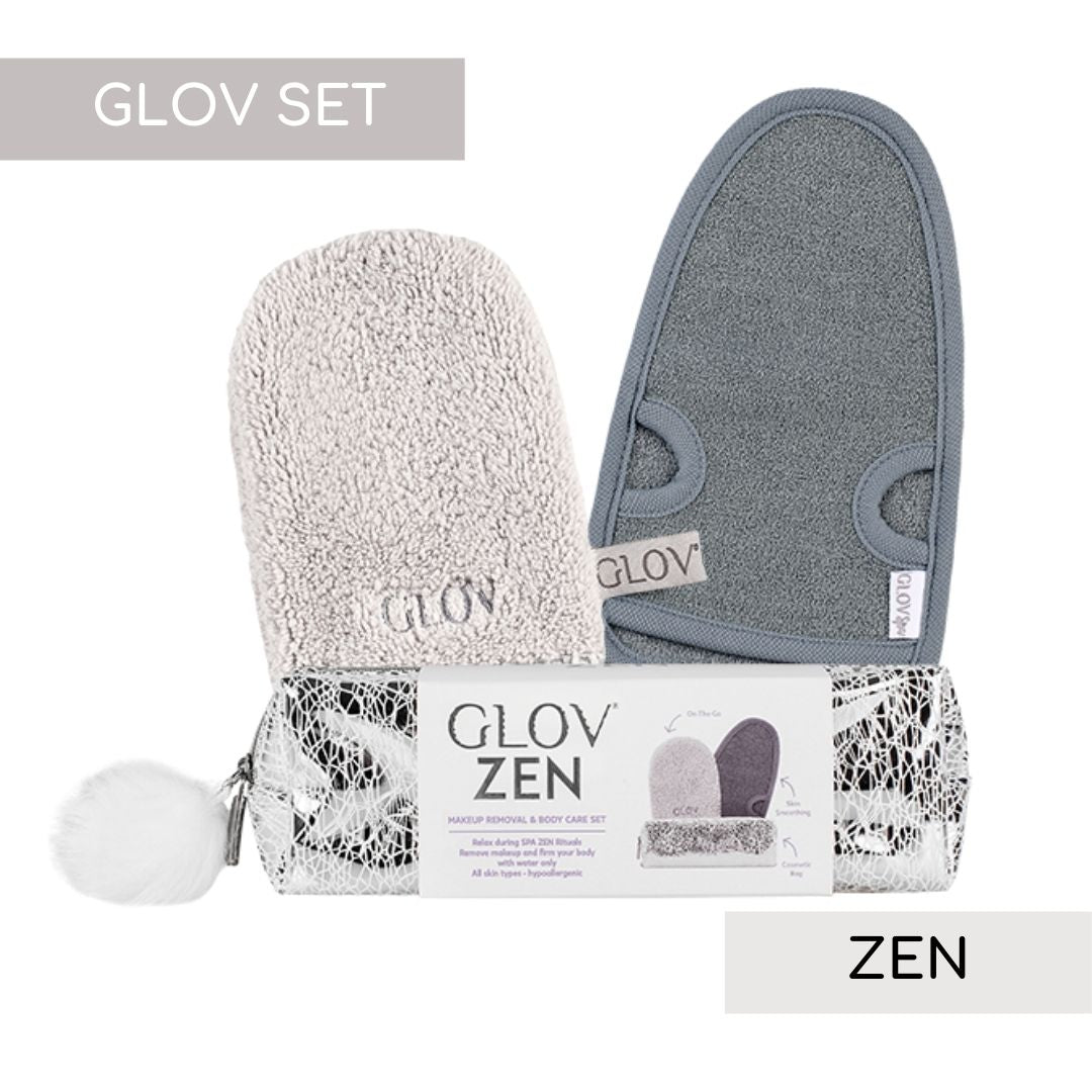 σετ glov zen που περιέχει 1 glov on the go σε χρώμα glam grey, 1 glov skin smoothing σε χρώμα glam grey και ένα τσαντάκι με φερμουάρ για να μεταφέρεις ότι θες 